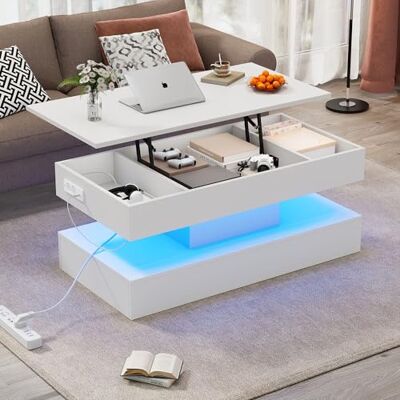 BTM Table Basse Blanche avec Plateau Relevable, Table Basse Moderne avec Rangement Caché et Éclairage LED, Table d'appoint de Salon avec Prise Européenne et USB, Chage de 50kg, 100x50x40cm - Publicité BTM Table Basse Blanche avec Plateau Relevable, Table Basse Moderne avec Rangement Caché et Éclairage LED, Table d'appoint de Salon avec Prise Européenne et USB, Chage de 50kg, 100x50x40cm - Publicité