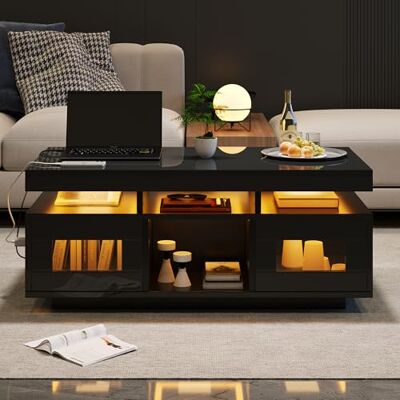 BTM Table Basse Noire Brillante 100×50×43cm avec éclairage LED contrôlable Via Application Mobile, de Salon avec Rangement,Port de Chargement et Prise, idéale pour Le Bureau - Publicité BTM Table Basse Noire Brillante 100×50×43cm avec éclairage LED contrôlable Via Application Mobile, de Salon avec Rangement,Port de Chargement et Prise, idéale pour Le Bureau - Publicité
