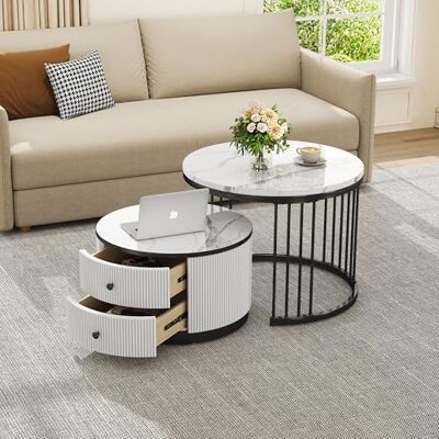 BTM Lot de 2 Tables Basses, Aspect Marbre avec Cadre en Métal Doré, Table Basse Gigognes Ronde avec 2 Tiroirs, Chargde 30kg, 60X60X45cm et 50x50x32cm, Blanc et Noir - Publicité BTM Lot de 2 Tables Basses, Aspect Marbre avec Cadre en Métal Doré, Table Basse Gigognes Ronde avec 2 Tiroirs, Chargde 30kg, 60X60X45cm et 50x50x32cm, Blanc et Noir - Publicité