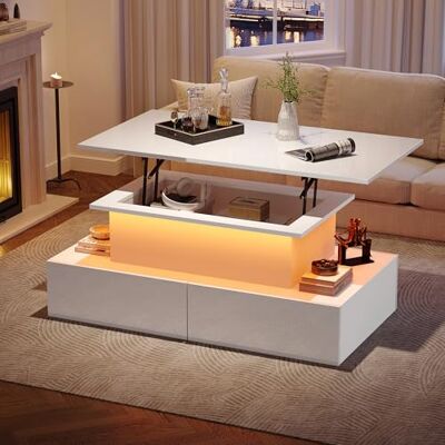 BTM Table Basse Relevable, Table Basse LED avec 4 Tiroirs et Rangement Caché, Blanche Brillante, Moderne, Charge de 30kg, 90x55x41 - Publicité BTM Table Basse Relevable, Table Basse LED avec 4 Tiroirs et Rangement Caché, Blanche Brillante, Moderne, Charge de 30kg, 90x55x41 - Publicité