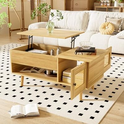 Merax Table basse élégante avec plateau relevable et portes en rotin, table de salon fonctionnelle avec espace de rangement, pour salon et bureau à domicile, couleur bois, 103 x 50 x 46-60 cm (L x l x - Publicité Merax Table basse élégante avec plateau relevable et portes en rotin, table de salon fonctionnelle avec espace de rangement, pour salon et bureau à domicile, couleur bois, 103 x 50 x 46-60 cm (L x l x - Publicité