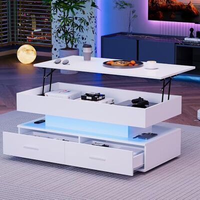 BTM Table Basse Relevable, Table Basse Blanche avec LED, Table Bois avec 2 Tiroirs et Rangement Ouvert, Table d'appoint, Charge 45kg, 100x50x44cm - Publicité BTM Table Basse Relevable, Table Basse Blanche avec LED, Table Bois avec 2 Tiroirs et Rangement Ouvert, Table d'appoint, Charge 45kg, 100x50x44cm - Publicité