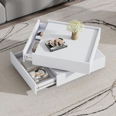 BTM Table Basse Carrée, Table Basse Salon avec Plateau Pivotant à 360°, 2 Tiroirs, Blanche Coffee Table Charge 30kg, 60x60x38cm - Publicité BTM Table Basse Carrée, Table Basse Salon avec Plateau Pivotant à 360°, 2 Tiroirs, Blanche Coffee Table Charge 30kg, 60x60x38cm - Publicité