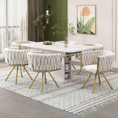 Merax Lot de 6 chaises pivotantes modernes en velours avec pieds en métal pour salle à manger, salon, chambre à coucher, beige et doré - Publicité Merax Lot de 6 chaises pivotantes modernes en velours avec pieds en métal pour salle à manger, salon, chambre à coucher, beige et doré - Publicité
