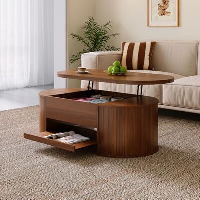 Merax Table basse élévable 110x55,5x40 cm, hauteur réglable avec côtés en bois incurvés, étagère extensible, meuble de salon multifonctionnel, espace de rangement pour collations, livres, électronique - Publicité Merax Table basse élévable 110x55,5x40 cm, hauteur réglable avec côtés en bois incurvés, étagère extensible, meuble de salon multifonctionnel, espace de rangement pour collations, livres, électronique - Publicité