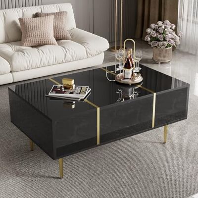 Merax Table basse moderne en noir brillant avec éléments dorés et brillants, 2 tiroirs, 100 x 60 x 41,5 cm, facile d'entretien et avec film de protection - Publicité Merax Table basse moderne en noir brillant avec éléments dorés et brillants, 2 tiroirs, 100 x 60 x 41,5 cm, facile d'entretien et avec film de protection - Publicité