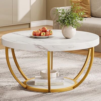 Tribesigns Table basse ronde moderne à 2 niveaux avec faux marbre blanc et pieds en métal doré, table centrale circulaire, meuble d'appoint pour salon, blanc et doré - Publicité Tribesigns Table basse ronde moderne à 2 niveaux avec faux marbre blanc et pieds en métal doré, table centrale circulaire, meuble d'appoint pour salon, blanc et doré - Publicité