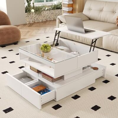 Merax Table basse réglable en hauteur 70 x 67 x 57 cm, plateau en verre, table de salon avec éclairage LED 16 couleurs, compartiments de rangement et tiroirs, table d'appoint moderne, blanche - Publicité Merax Table basse réglable en hauteur 70 x 67 x 57 cm, plateau en verre, table de salon avec éclairage LED 16 couleurs, compartiments de rangement et tiroirs, table d'appoint moderne, blanche - Publicité