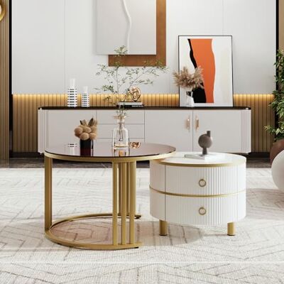 BTM Table Basse Ronde 2 en 1, Blanche avec 2 tiroirs + Table Basse Verre avec Support en métal doré, 50 * 50 * 40 + 70 * 70 * 45cm - Publicité BTM Table Basse Ronde 2 en 1, Blanche avec 2 tiroirs + Table Basse Verre avec Support en métal doré, 50 * 50 * 40 + 70 * 70 * 45cm - Publicité