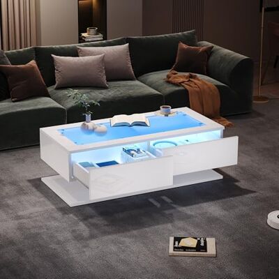 Merax Table basse blanche brillante avec LED et plateau en verre, table de salon avec 2 tiroirs, table de canapé avec espace de rangement, table basse moderne 100 x 50 x 35 cm, table d'appoint salon - Publicité Merax Table basse blanche brillante avec LED et plateau en verre, table de salon avec 2 tiroirs, table de canapé avec espace de rangement, table basse moderne 100 x 50 x 35 cm, table d'appoint salon - Publicité