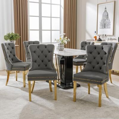 Merax Lot de 6 chaises de salle à manger rembourrées avec heurtoir de porte, garniture de tête de clou et housse en velours – Style luxueux en gris/doré - Publicité Merax Lot de 6 chaises de salle à manger rembourrées avec heurtoir de porte, garniture de tête de clou et housse en velours – Style luxueux en gris/doré - Publicité