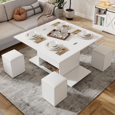 Merax Table basse réglable en hauteur, table de salon avec espace de rangement ouvert et caché, table basse convertible en table à manger, table d'appoint avec bureau extensible et tabouret, pour - Publicité Merax Table basse réglable en hauteur, table de salon avec espace de rangement ouvert et caché, table basse convertible en table à manger, table d'appoint avec bureau extensible et tabouret, pour - Publicité