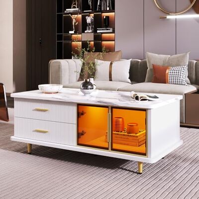 BTM Table Basse Salon avec LED, Table Basse Blanc Moderne avec 2 Portes et 2 Tiroirs, Texture Marbré et Designs Dorés, Charge 80kg, 100x50x40 cm, Blanc - Publicité BTM Table Basse Salon avec LED, Table Basse Blanc Moderne avec 2 Portes et 2 Tiroirs, Texture Marbré et Designs Dorés, Charge 80kg, 100x50x40 cm, Blanc - Publicité