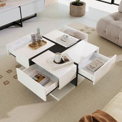 BTM Table Basse Carrée Blanche, Design Lignes, Tiroirs Rangement en Dessous, Moderne Table Basse Table d'appoint Salon, 78x78x36cm - Publicité BTM Table Basse Carrée Blanche, Design Lignes, Tiroirs Rangement en Dessous, Moderne Table Basse Table d'appoint Salon, 78x78x36cm - Publicité
