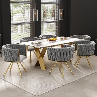 Merax Lot de 6 chaises de salle à manger, pivotantes, modernes, en velours, avec accoudoirs et pieds en métal, pour salle à manger, salon, chambre à coucher, gris et doré - Publicité Merax Lot de 6 chaises de salle à manger, pivotantes, modernes, en velours, avec accoudoirs et pieds en métal, pour salle à manger, salon, chambre à coucher, gris et doré - Publicité