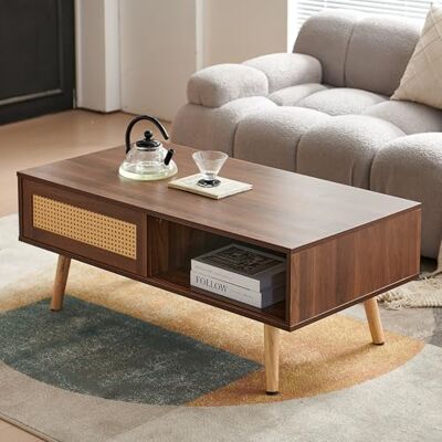 Calivra Table basse en rotin avec portes coulissantes, 105 x 55 x 40 cm, table de salon avec espace de rangement et pieds en bois massif, table basse moderne au look noyer (marron) - Publicité Calivra Table basse en rotin avec portes coulissantes, 105 x 55 x 40 cm, table de salon avec espace de rangement et pieds en bois massif, table basse moderne au look noyer (marron) - Publicité