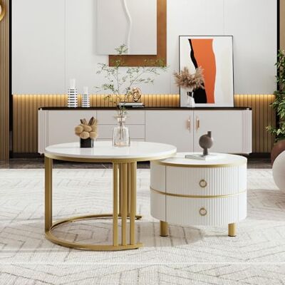 BTM Table Basse Ronde 2 en 1, Table Basse Blanche avec 2 tiroirs + Salon en marbre Blanc MDF avec Support en métal doré, 50 * 50 * 40 + 70 * 70 * 46cm - Publicité BTM Table Basse Ronde 2 en 1, Table Basse Blanche avec 2 tiroirs + Salon en marbre Blanc MDF avec Support en métal doré, 50 * 50 * 40 + 70 * 70 * 46cm - Publicité