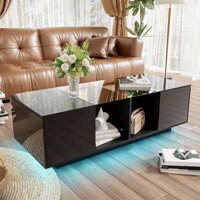 BTM Table Basse Moderne avec Éclairage LED, Table Basse Noire en Verre avec Rangement, Table d'appoint LED, Surface Brillante, Charge de 60 kg, 120x50x38.5 cm - Publicité BTM Table Basse Moderne avec Éclairage LED, Table Basse Noire en Verre avec Rangement, Table d'appoint LED, Surface Brillante, Charge de 60 kg, 120x50x38.5 cm - Publicité