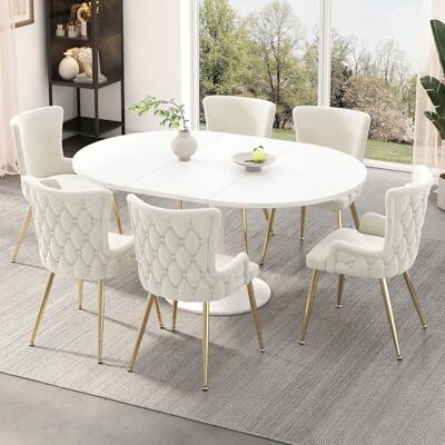 Merax Lot de 6 chaises de salle à manger rembourrées modernes en velours avec dossier et pieds en métal doré Pour salon, chambre à coucher, salle à manger et cuisine Beige - Publicité Merax Lot de 6 chaises de salle à manger rembourrées modernes en velours avec dossier et pieds en métal doré Pour salon, chambre à coucher, salle à manger et cuisine Beige - Publicité