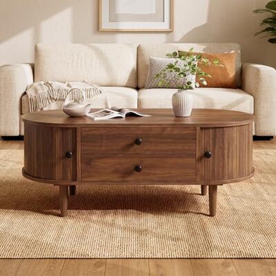 Merax Table basse ovale avec portes coulissantes et 2 tiroirs, table de salon avec espace de rangement, table basse aspect bois avec barres verticales, table de canapé pour salon, couleur noyer - Publicité Merax Table basse ovale avec portes coulissantes et 2 tiroirs, table de salon avec espace de rangement, table basse aspect bois avec barres verticales, table de canapé pour salon, couleur noyer - Publicité