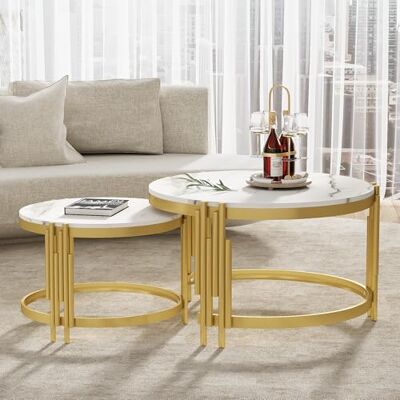 BTM Lot de 2 Tables Basses en Marbre, Table Basse Ronde avec Cadre en Métal Doré, Table Basse Blanche et Doré, pour Salon, Moderne, 71,5x71,5x44 cm+51,5x51,5 x37 cm - Publicité BTM Lot de 2 Tables Basses en Marbre, Table Basse Ronde avec Cadre en Métal Doré, Table Basse Blanche et Doré, pour Salon, Moderne, 71,5x71,5x44 cm+51,5x51,5 x37 cm - Publicité