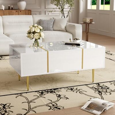 BTM Table Basse Rectangulaire, Table de Salon avec 2 Tiroirs, Table Basse en Bois avec des Lignes Dorées, Charge de 60kg, 100x60x41.5cm, Blanc - Publicité BTM Table Basse Rectangulaire, Table de Salon avec 2 Tiroirs, Table Basse en Bois avec des Lignes Dorées, Charge de 60kg, 100x60x41.5cm, Blanc - Publicité