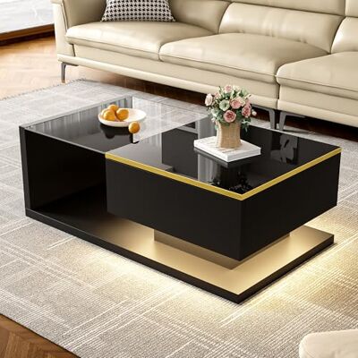 BTM Table Basse Moderne LED avec Plateau en Verre, rectangulaire en Bois avec Rangement caché et Ouvert, pour Salon, 50 x 90 x 33 cm, Noir - Publicité BTM Table Basse Moderne LED avec Plateau en Verre, rectangulaire en Bois avec Rangement caché et Ouvert, pour Salon, 50 x 90 x 33 cm, Noir - Publicité