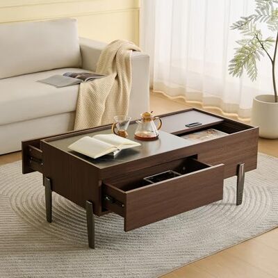BTM Table Basse Moderne avec Tiroirs & Plateau en Verre – Design en Bois Brun Foncé, Veines de Bois en Optique Marbre, Pieds en Métal & Beaucoup d'Espace de Rangement pour Salon - Publicité BTM Table Basse Moderne avec Tiroirs & Plateau en Verre – Design en Bois Brun Foncé, Veines de Bois en Optique Marbre, Pieds en Métal & Beaucoup d'Espace de Rangement pour Salon - Publicité