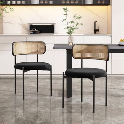 Merax Lot de 2 chaises de cuisine modernes avec dossier en rotin, chaises de salle à manger avec quatre pieds de support en métal, velours, noir - Publicité Merax Lot de 2 chaises de cuisine modernes avec dossier en rotin, chaises de salle à manger avec quatre pieds de support en métal, velours, noir - Publicité