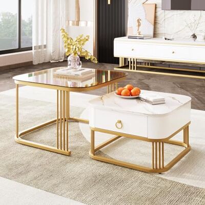 BTM Lot de 2 Tables Basses Gigognes, Carrée 60/50 cm, Texture de Marbre Brillant, Plateau en Verre, Tiroir, Blanc & Doré - Publicité BTM Lot de 2 Tables Basses Gigognes, Carrée 60/50 cm, Texture de Marbre Brillant, Plateau en Verre, Tiroir, Blanc & Doré - Publicité