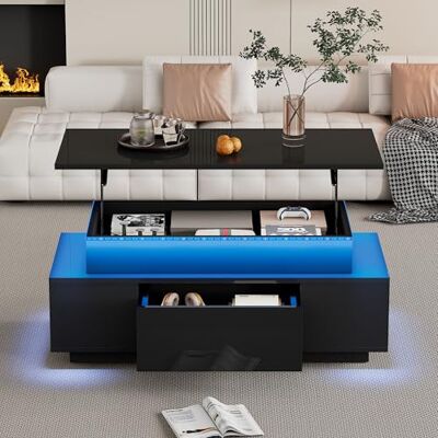 BTM Table Basse 96x45x40cm, Hauteur Réglable, Rangement Caché, Tiroir, Brillant Haut, LED, Noir, Adaptée au Bureau, Étude, Fête - Publicité BTM Table Basse 96x45x40cm, Hauteur Réglable, Rangement Caché, Tiroir, Brillant Haut, LED, Noir, Adaptée au Bureau, Étude, Fête - Publicité