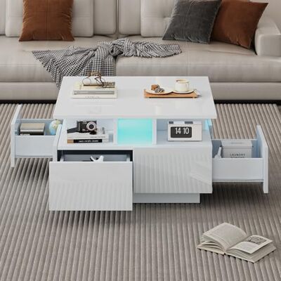 BTM Table Basse De Salon 70x70x40 cm, Café Hochglanz avec Éclairage LED, 4 Tiroirs, Beistelltisch Design Géométrique, Blanc, Capacité De Charge Totale 30kg - Publicité BTM Table Basse De Salon 70x70x40 cm, Café Hochglanz avec Éclairage LED, 4 Tiroirs, Beistelltisch Design Géométrique, Blanc, Capacité De Charge Totale 30kg - Publicité