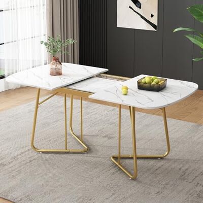 Merax Table à Manger Extensible Blanche avec Structure en marbre, Table rectangulaire élégante,140/180 x 80 cm, Pieds métalliques dorés, Design Luxueux et Moderne, pour 4 à 6 Personnes - Publicité Merax Table à Manger Extensible Blanche avec Structure en marbre, Table rectangulaire élégante,140/180 x 80 cm, Pieds métalliques dorés, Design Luxueux et Moderne, pour 4 à 6 Personnes - Publicité
