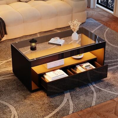 BTM Table Basse Moderne, LED 16 Couleurs, Rectangulaire, 2 Grands Tiroirs, Verre, Design Double Couche, Brillant Haut, 100 x 50 x 40 cm, Noir - Publicité BTM Table Basse Moderne, LED 16 Couleurs, Rectangulaire, 2 Grands Tiroirs, Verre, Design Double Couche, Brillant Haut, 100 x 50 x 40 cm, Noir - Publicité