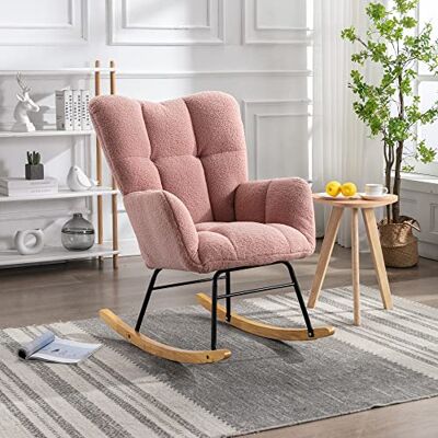 BTM Chaise berçante Mid Century Modern en Teddystoff avec Housse tuftée, siège rembourré pour Salon et Chambre, Rose - Publicité BTM Chaise berçante Mid Century Modern en Teddystoff avec Housse tuftée, siège rembourré pour Salon et Chambre, Rose - Publicité