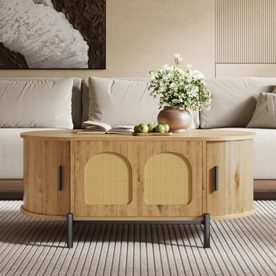 Merax Table basse ovale avec espace de rangement, aspect bois avec portes coulissantes en rotin et pieds en métal, table d'appoint moderne pour salon, 100 x 50 x 40 cm (L x l x H) - Publicité Merax Table basse ovale avec espace de rangement, aspect bois avec portes coulissantes en rotin et pieds en métal, table d'appoint moderne pour salon, 100 x 50 x 40 cm (L x l x H) - Publicité