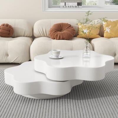 BTM Table Basse Forme Fleur 74.8x67.5x31 cm Plateau Tournant 360°, 2 Étagères Double Couche MDF, Crème - Publicité BTM Table Basse Forme Fleur 74.8x67.5x31 cm Plateau Tournant 360°, 2 Étagères Double Couche MDF, Crème - Publicité