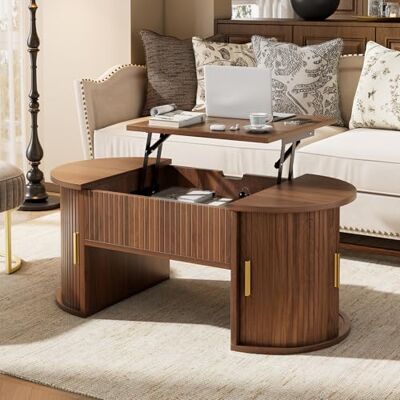 Merax Table basse réglable en hauteur, table de salon ovale avec fonction de levage, portes coulissantes, étagères ouvertes, table de canapé avec poignées en métal, pour petits appartements et - Publicité Merax Table basse réglable en hauteur, table de salon ovale avec fonction de levage, portes coulissantes, étagères ouvertes, table de canapé avec poignées en métal, pour petits appartements et - Publicité
