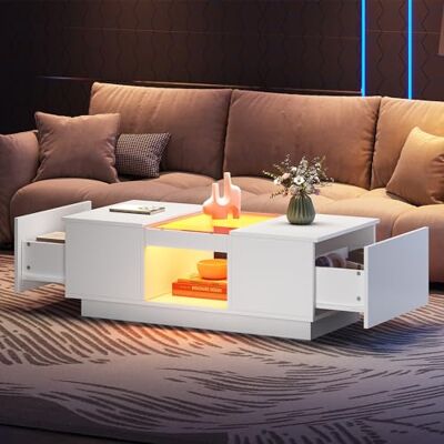 BTM Table Basse LED Moderne, Table Basse carrée avec revêtement en Verre, 2 tiroirs et 1 Compartiment Ouvert, Commande par app, Charge 35kg, 100x50x35.5 cm, Blanc - Publicité BTM Table Basse LED Moderne, Table Basse carrée avec revêtement en Verre, 2 tiroirs et 1 Compartiment Ouvert, Commande par app, Charge 35kg, 100x50x35.5 cm, Blanc - Publicité