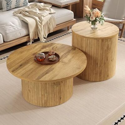 Merax Ensemble table basse 75 x 75 x 36 + 50 x 50 x 50,5 cm, double table de salon ronde avec table d'appoint, lattes en bois naturel, bords arrondis, combinable de manière flexible, naturel - Publicité Merax Ensemble table basse 75 x 75 x 36 + 50 x 50 x 50,5 cm, double table de salon ronde avec table d'appoint, lattes en bois naturel, bords arrondis, combinable de manière flexible, naturel - Publicité
