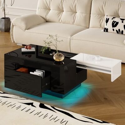 BTM Table Basse laquée Brillante avec éclairage LED, Plateau Extensible Noir et Blanc, Espace de Rangement dissimulé et Bande Lumineuse réglable à 16 Couleurs – Le Choix idéal pour Un Salon élégant. Publicité BTM Table Basse laquée Brillante avec éclairage LED, Plateau Extensible Noir et Blanc, Espace de Rangement dissimulé et Bande Lumineuse réglable à 16 Couleurs – Le Choix idéal pour Un Salon élégant. Publicité