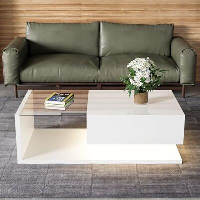 BTM Table Basse LED Moderne, Table Basse Blanche de Salon en Verre, Bois avec Tiroir Grand, Salon, Charge de 30kg, 105x55x32.5cm, Noir - Publicité BTM Table Basse LED Moderne, Table Basse Blanche de Salon en Verre, Bois avec Tiroir Grand, Salon, Charge de 30kg, 105x55x32.5cm, Noir - Publicité