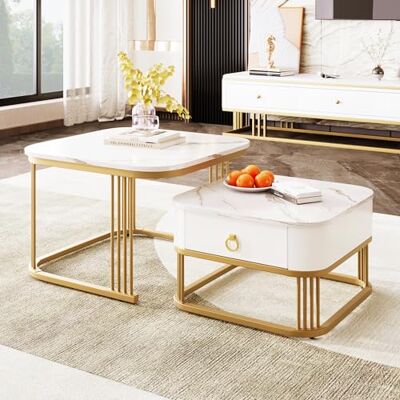 BTM Lot de 2 Tables Basses gigognes, Table Basse carrée 60/50cm, Table Basse en Aspect marbre Brillant avec tiroir et des Accents dorés pour Salon, Chambre, Design Moderne Blanc&Doré - Publicité BTM Lot de 2 Tables Basses gigognes, Table Basse carrée 60/50cm, Table Basse en Aspect marbre Brillant avec tiroir et des Accents dorés pour Salon, Chambre, Design Moderne Blanc&Doré - Publicité