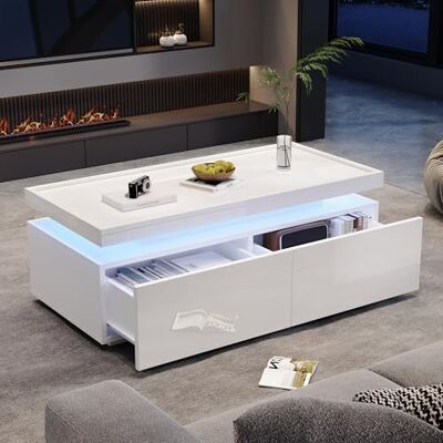 Merax Table basse blanche brillante, table de salon avec 2 tiroirs, table de canapé moderne avec espace de rangement, table d'appoint pour salon, 95 x 45 x 35 cm - Publicité Merax Table basse blanche brillante, table de salon avec 2 tiroirs, table de canapé moderne avec espace de rangement, table d'appoint pour salon, 95 x 45 x 35 cm - Publicité