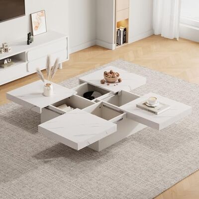 BTM Table Basse Carrée, Moderne Effet Marbre, Plateau Coulissants et Tiroirs, Table Basse Salon, Charge 30kg, 90 x90x25cm, Blanc - Publicité BTM Table Basse Carrée, Moderne Effet Marbre, Plateau Coulissants et Tiroirs, Table Basse Salon, Charge 30kg, 90 x90x25cm, Blanc - Publicité