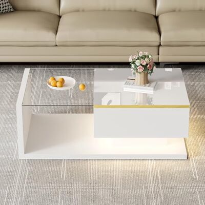 BTM Table Basse Moderne LED avec Plateau en Verre, rectangulaire en Bois avec Rangement caché et Ouvert, Tables d'appoint Coffee Table pour Salon, Blanc - Publicité BTM Table Basse Moderne LED avec Plateau en Verre, rectangulaire en Bois avec Rangement caché et Ouvert, Tables d'appoint Coffee Table pour Salon, Blanc - Publicité