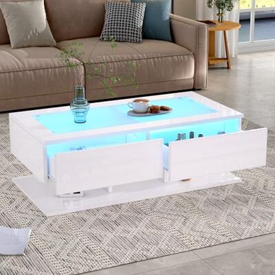 BTM Table Basse 100 x 50 x 35 cm, d'appoint laquée Brillante, de Salon avec tiroirs, avec éclairage LED, Plateau en Verre, Blanche - Publicité BTM Table Basse 100 x 50 x 35 cm, d'appoint laquée Brillante, de Salon avec tiroirs, avec éclairage LED, Plateau en Verre, Blanche - Publicité