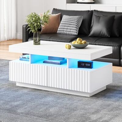 BTM Table Basse 100 x 50 x 45 cm avec Deux tiroirs, Rayures Verticales, thermoformée, de Salon, avec Bande Lumineuse LED, Blanche - Publicité BTM Table Basse 100 x 50 x 45 cm avec Deux tiroirs, Rayures Verticales, thermoformée, de Salon, avec Bande Lumineuse LED, Blanche - Publicité