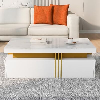 BTM Table Basse Imitation Marble, Tiroirs en Bois, Rectangulaire Moderne Table Basse Salon, 100 x50x40cm, Brillant Blanc - Publicité BTM Table Basse Imitation Marble, Tiroirs en Bois, Rectangulaire Moderne Table Basse Salon, 100 x50x40cm, Brillant Blanc - Publicité