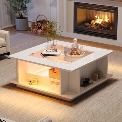 BTM Table Basse carrée Blanche 70x70x30cm Plateau Verre, Surface Haut Brillant avec éclairage LED, Panneau de Particules Charge 30kg Salon - Publicité BTM Table Basse carrée Blanche 70x70x30cm Plateau Verre, Surface Haut Brillant avec éclairage LED, Panneau de Particules Charge 30kg Salon - Publicité